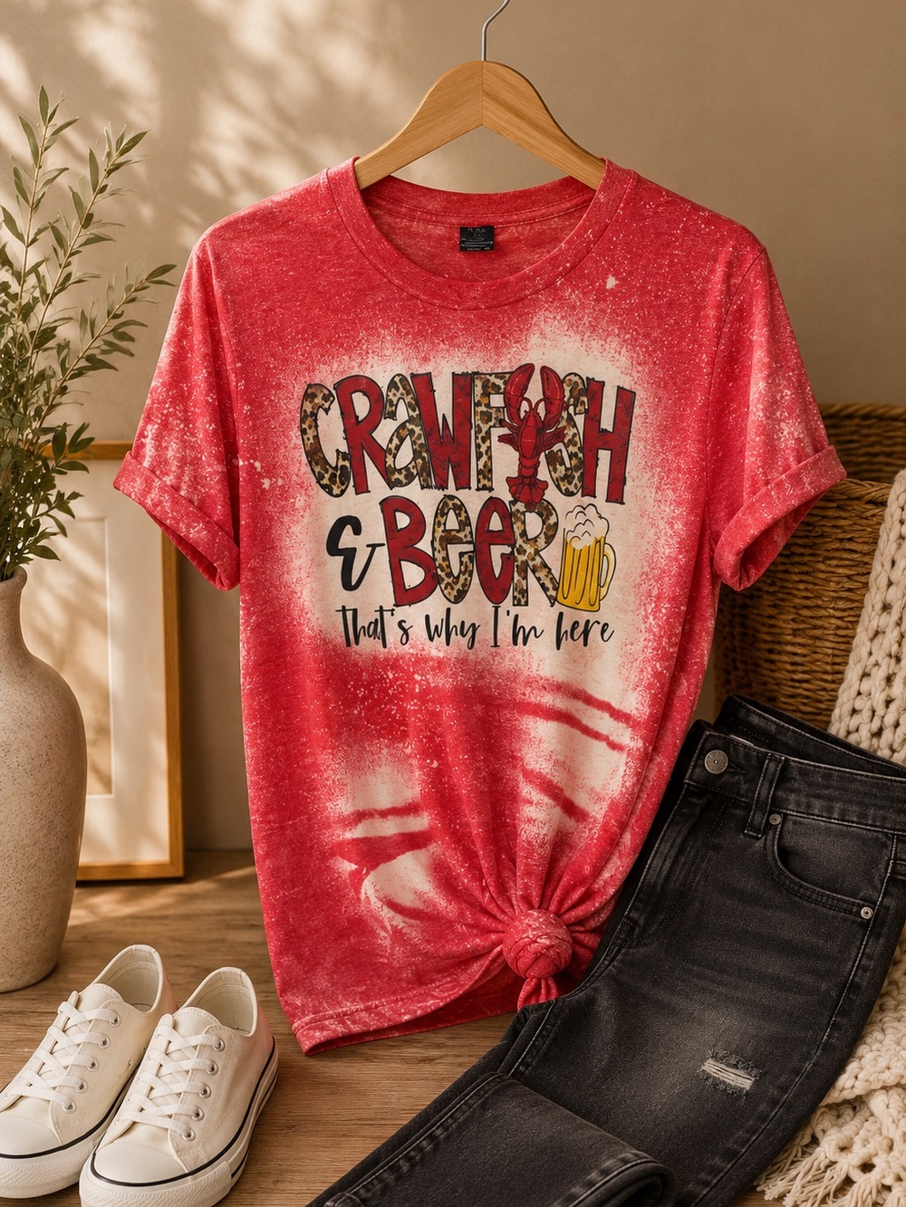 Comfort Colors Red Tie-Dye Crawfish & Beer Graphic Tee